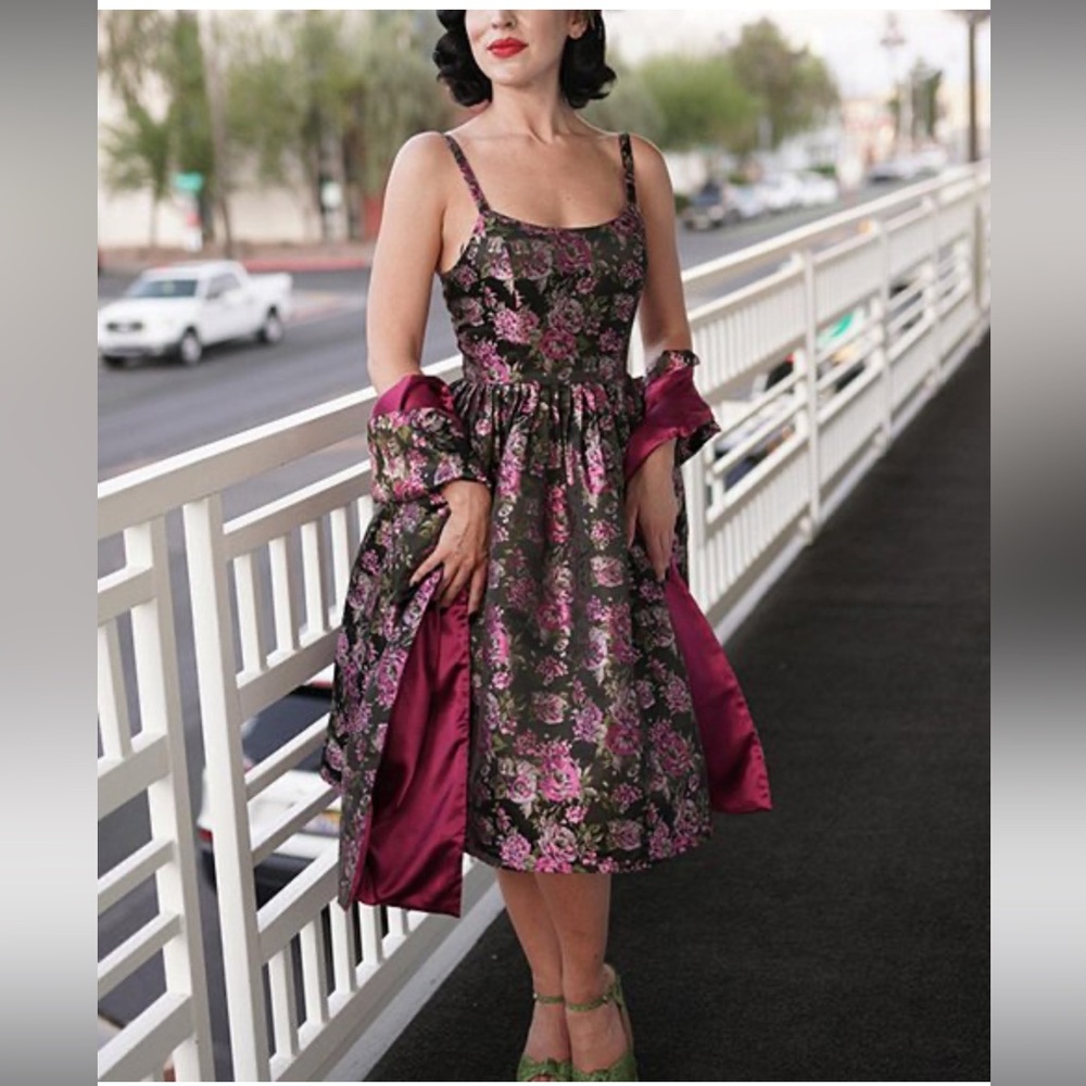 BNWOT Tatyana | Black & Pink Floral Brocade Cotillion A-Line Dress & Shawl